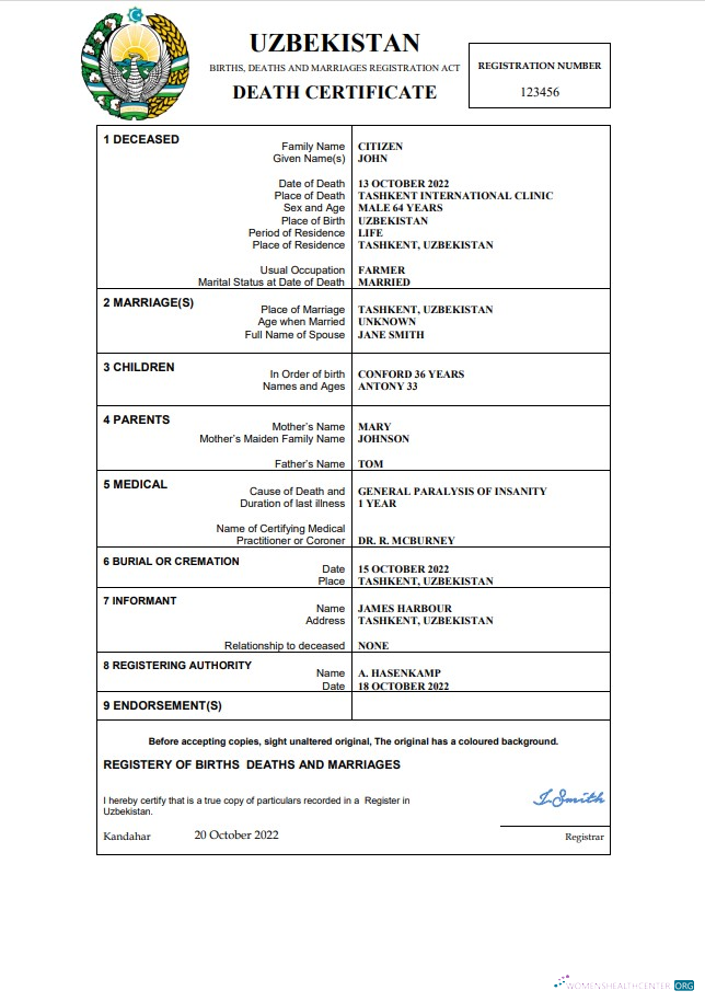 Download Uzbekistan vital record death certificate Word and PDF template Photoshop template